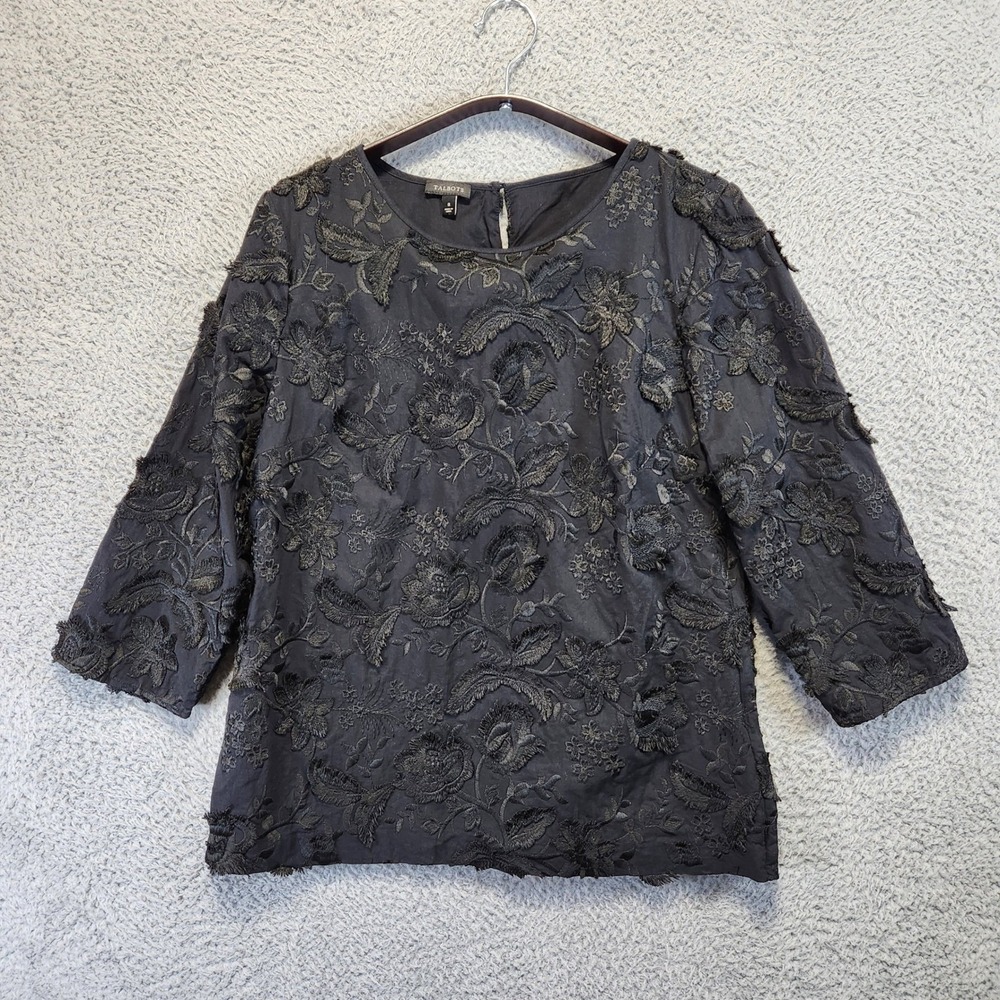 Talbots Top Womens 8 Black Embroidered Floral 3/4 Sleeve‎ Button Back Boho